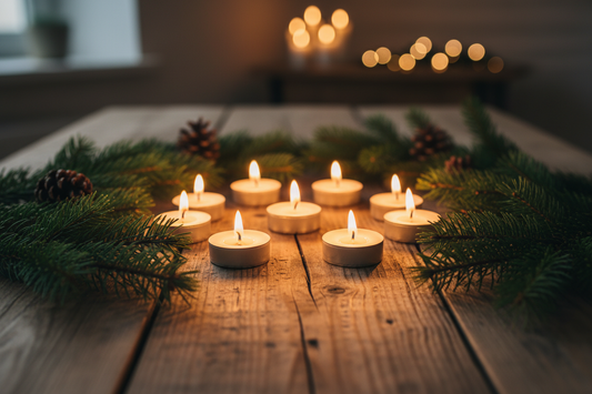 Tealights on wood table with everygreen around them